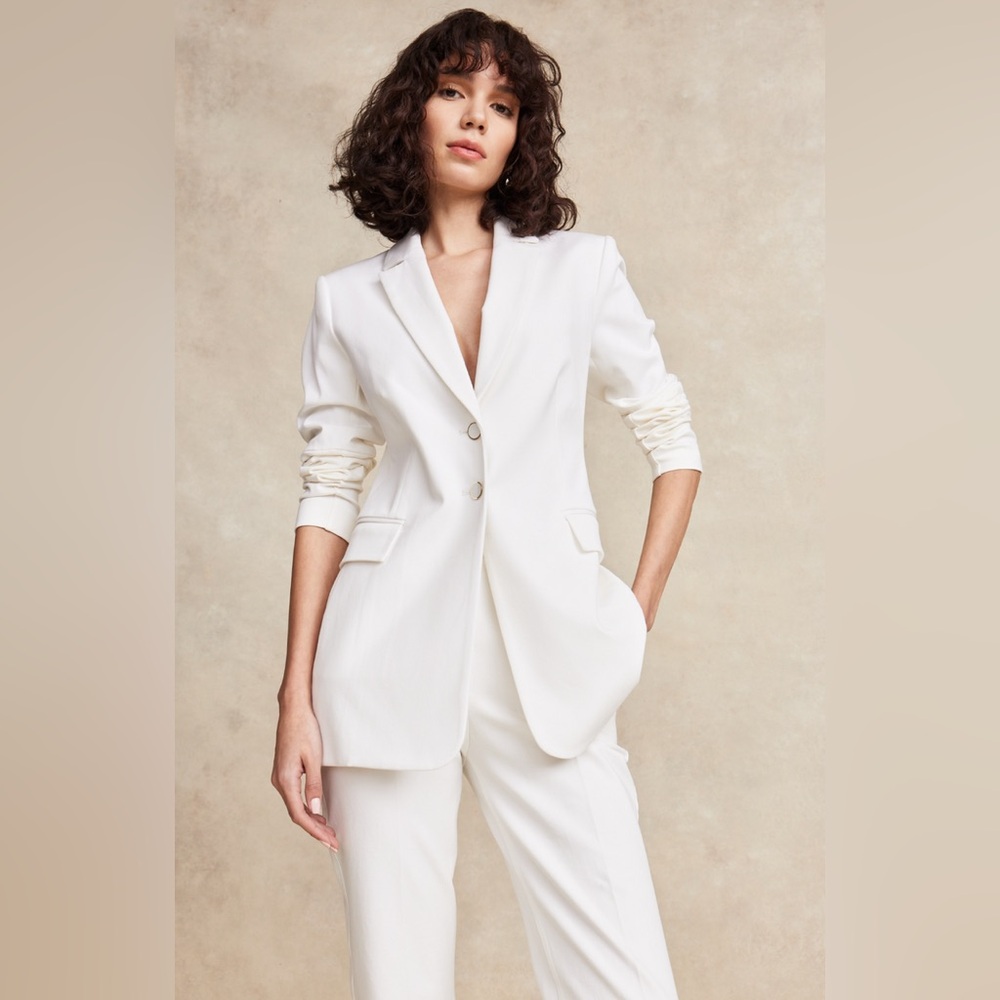 Pearl by Lela Rose Stretch Cotton Push Up Sleeve White Blazer Size 10